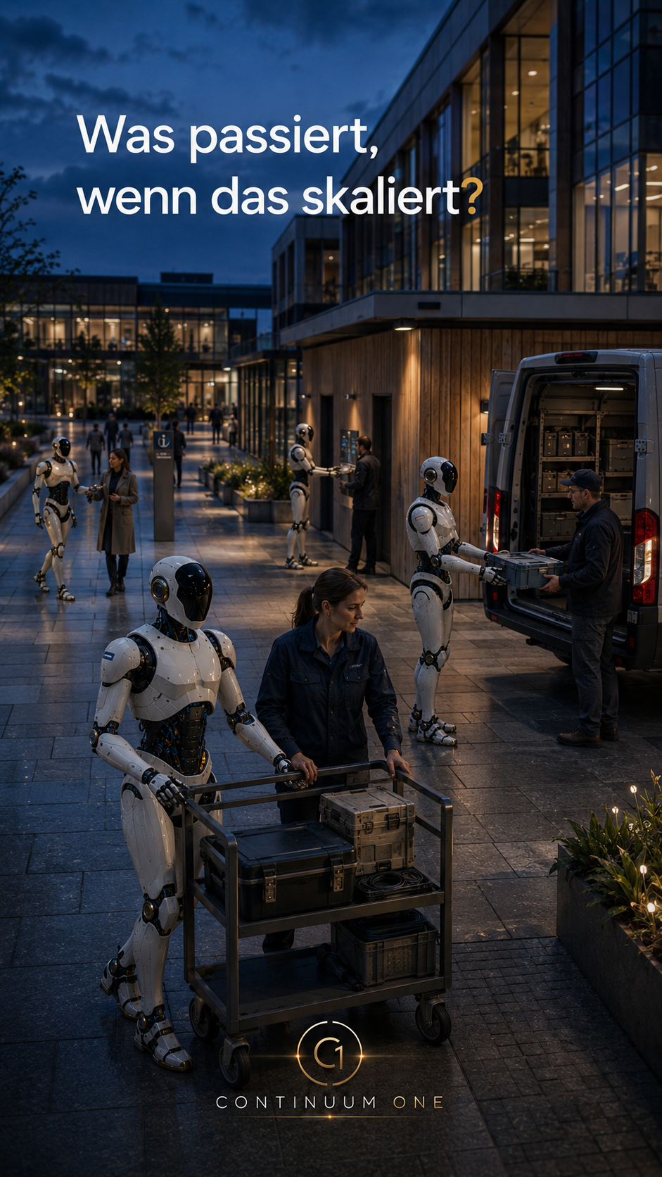 Mehrere humanoide Roboter unterstützen Menschen bei Logistikaufgaben im Freien in der Dämmerung, Bildtitel „Was passiert, wenn das skaliert?“