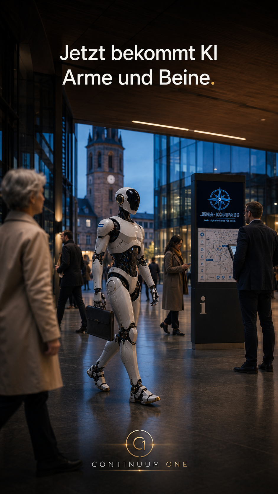 Humanoider Roboter mit Aktentasche in einer städtischen Passage neben einem Informations-Terminal, Bildtitel „Jetzt bekommt KI Arme und Beine.“