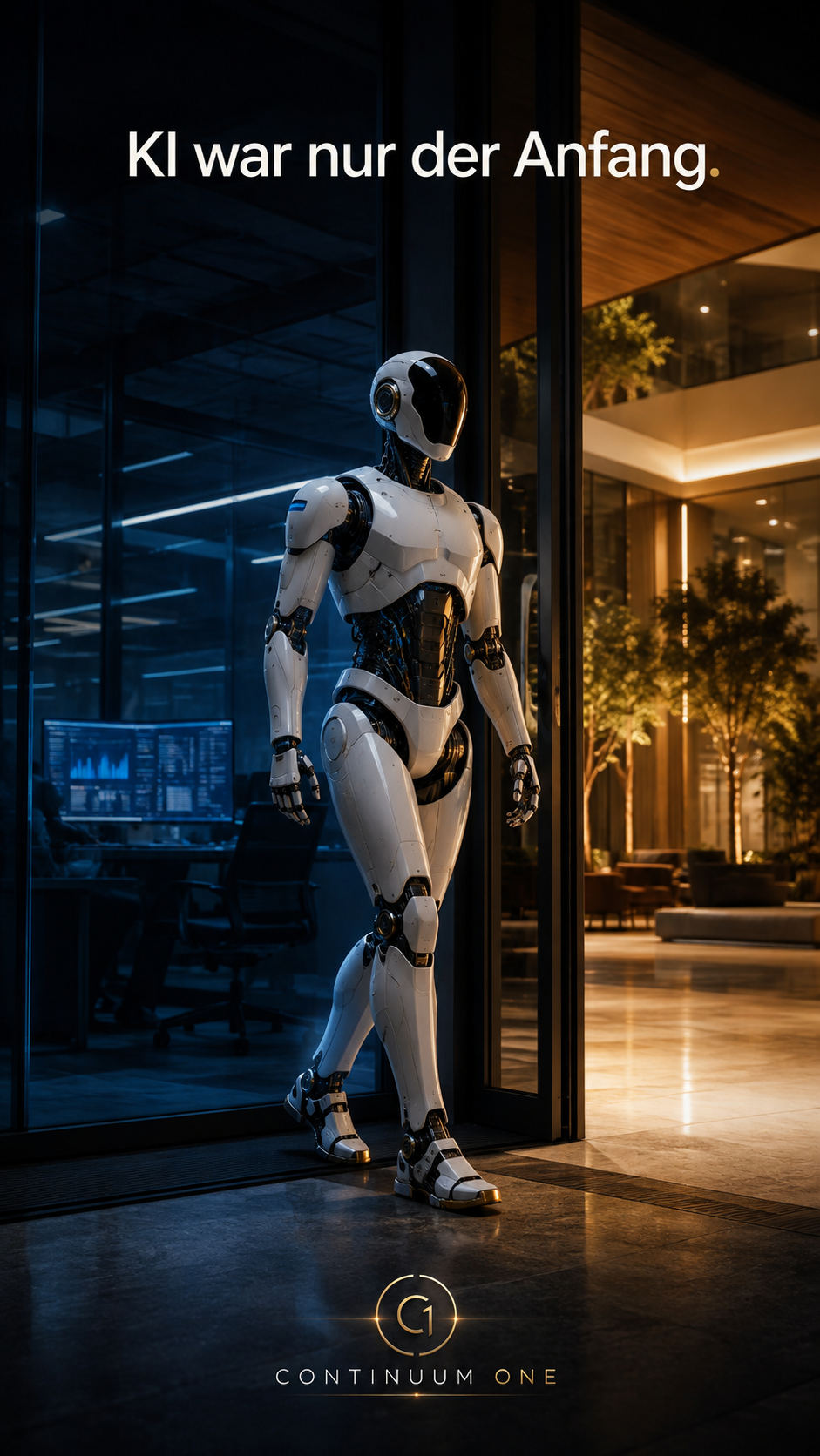 Humanoider Roboter geht durch ein modernes dunkles Bürogebäude, Bildtitel „KI war nur der Anfang.“