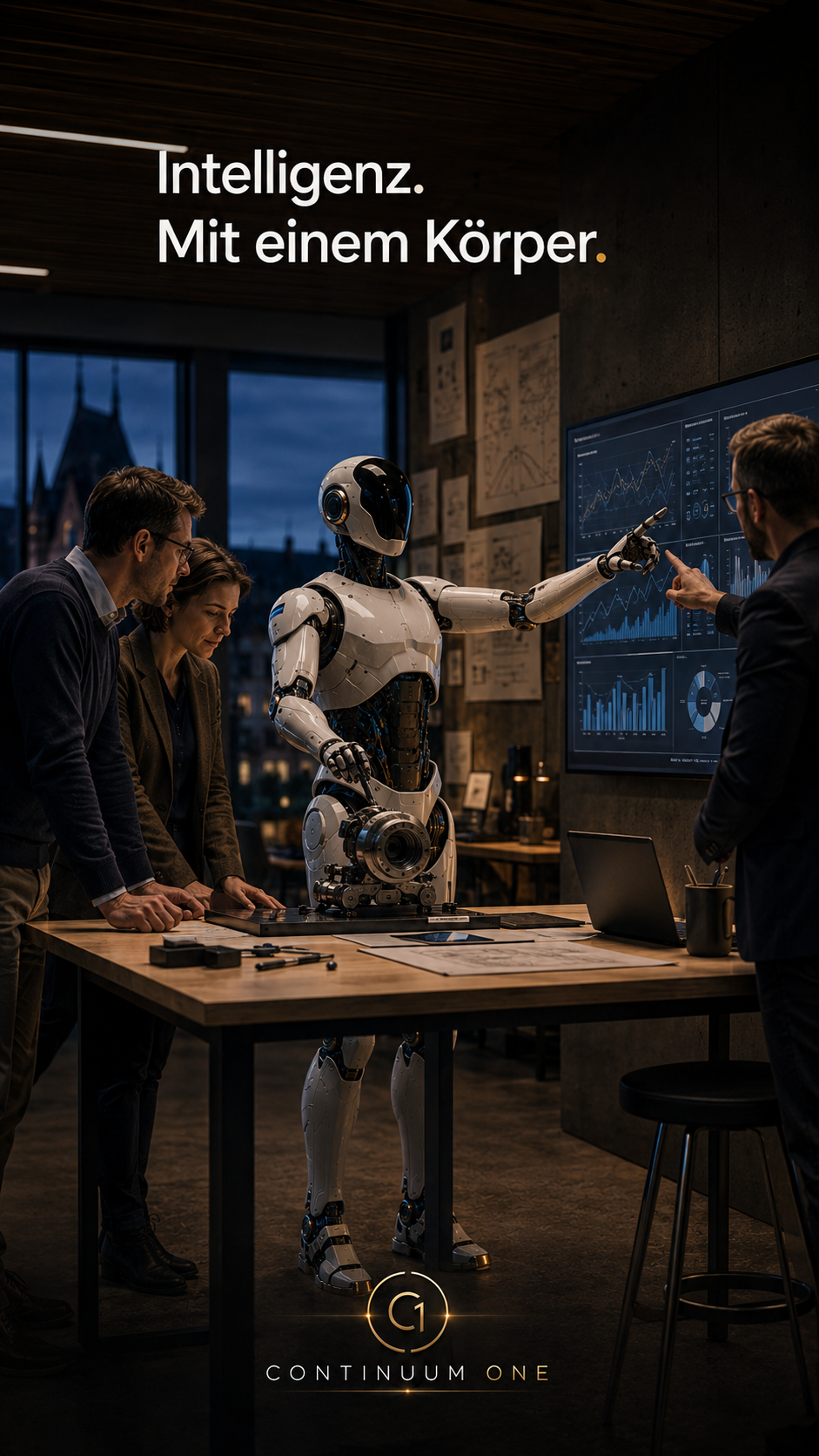 Zwei Menschen arbeiten gemeinsam mit einem humanoiden Roboter an einem Tisch mit Plänen und Monitor, Bildtitel „Intelligenz. Mit einem Körper.“
